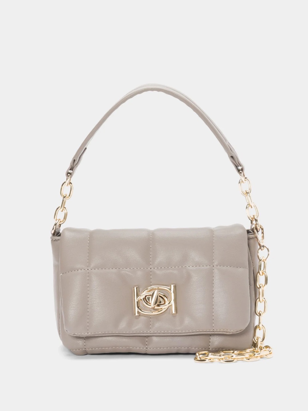 Bebe Quilted Taupe Shoulder Bag with Gold Chain Hardware